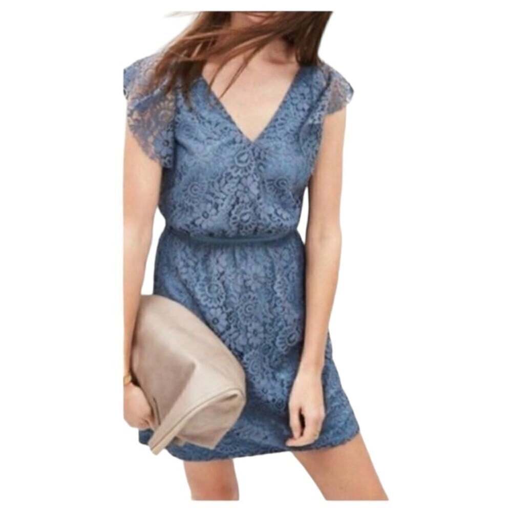 Madewell Blue Lace Overlay V-Neck Flutter Sleeve A-Line Mini Dress Size 4